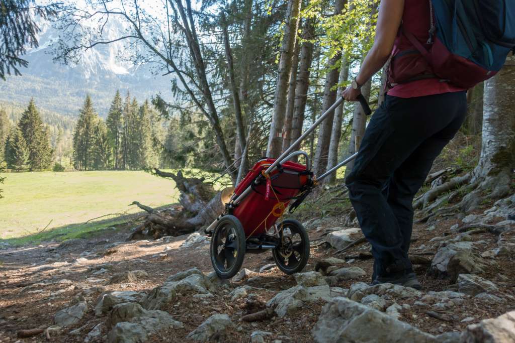 Bergab Wandern mit Kinderwagen über Steine